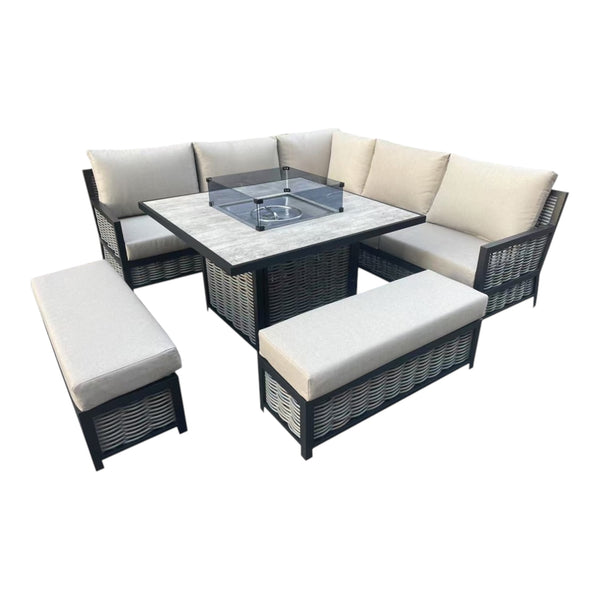 Luxurious Tonal Ratten Corner Set with Fire pit table.