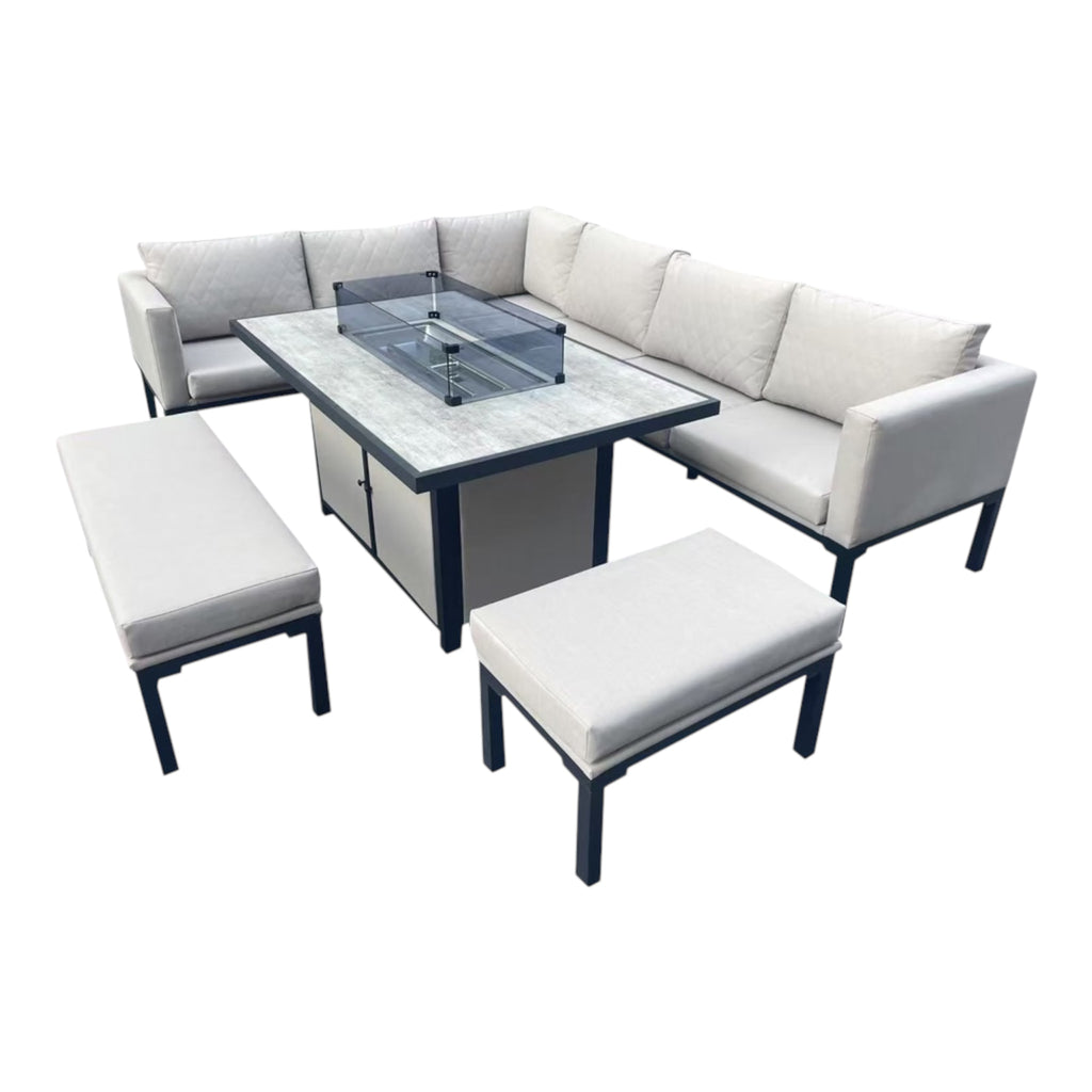 Modern Outdoor Aluminium Corner Sofa Set with Fire Pit Table